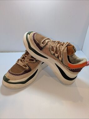 Farm Rio Chunky Platform Sneakers Beige Multicolor Stitch Detail Women's Size 10